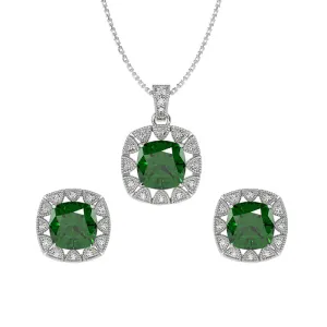 Silver Dark Green Cushion Jewellery Set