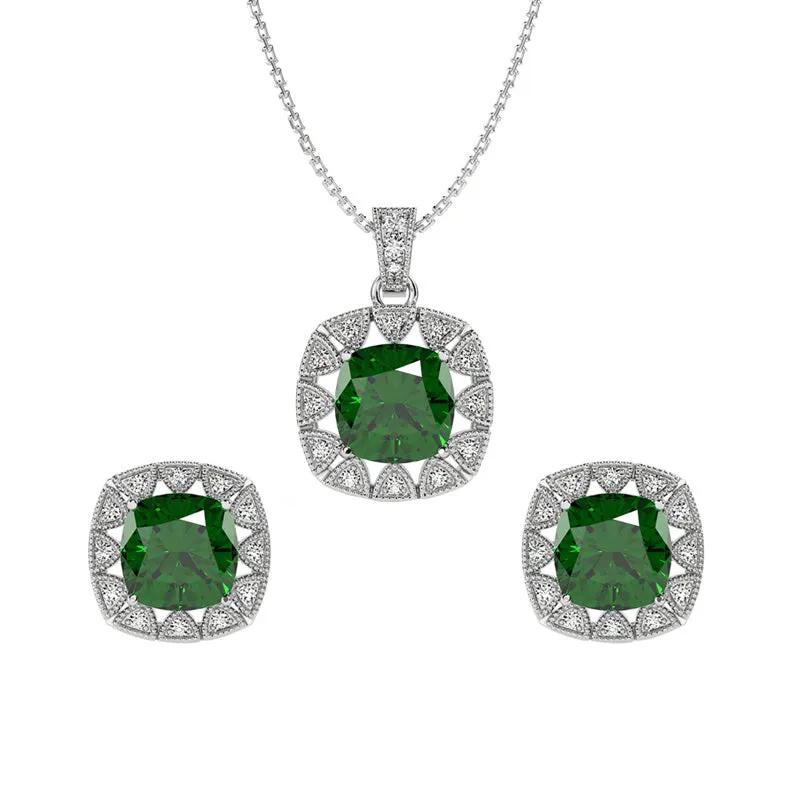 Silver Dark Green Cushion Jewellery Set