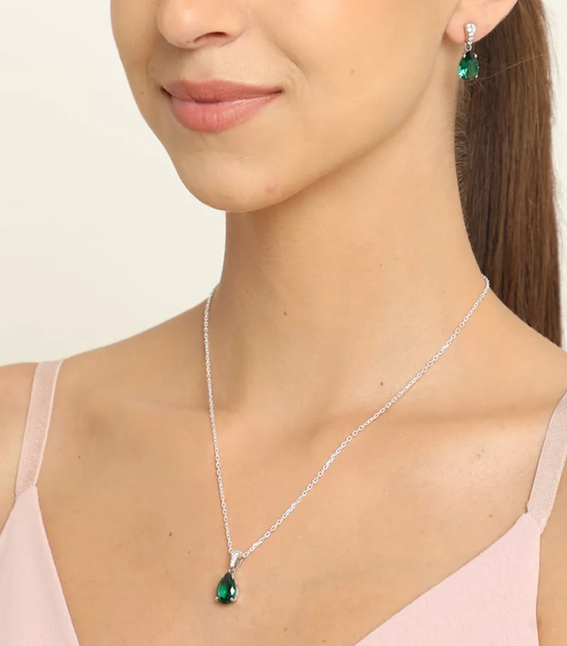 Silver Dark Green Tear Drop Jewellery Set