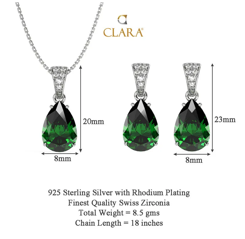 Silver Dark Green Tear Drop Jewellery Set