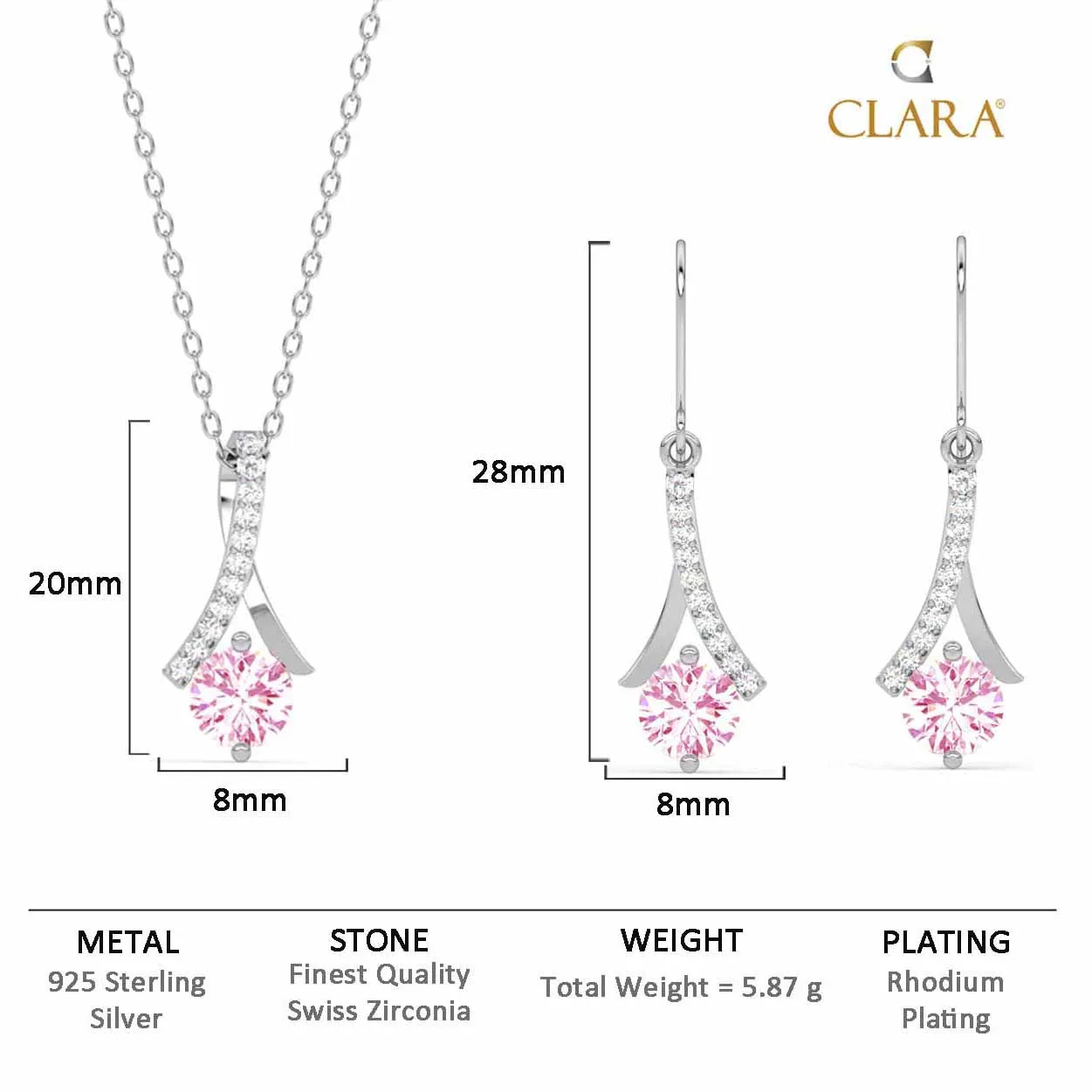 Silver Pink Solitaire Jewellery Set
