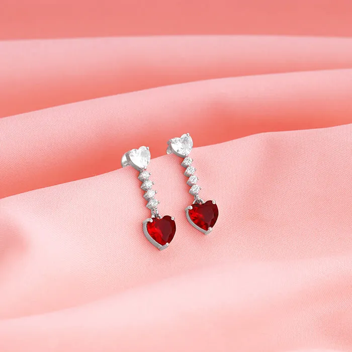 Silver Red Heart Dangler Earrings