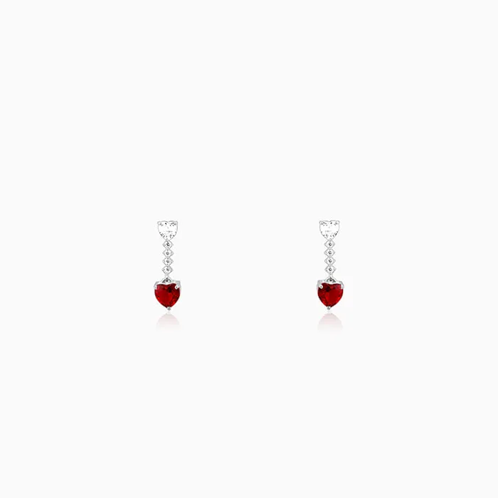 Silver Red Heart Dangler Earrings