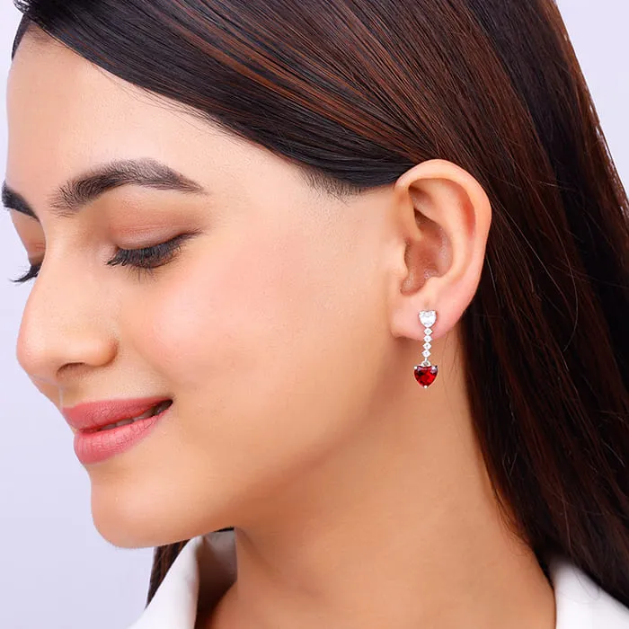 Silver Red Heart Dangler Earrings