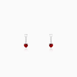 Silver Red Heart Dangler Earrings