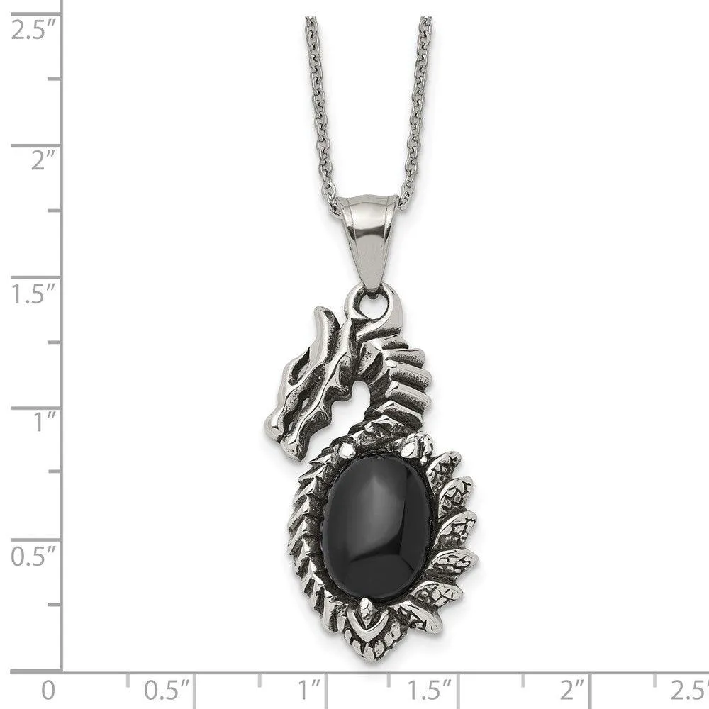 Stainless Steel Antiqued & Polished w/ Black Glass Dragon Necklace