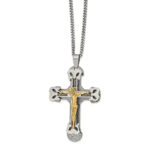 Stainless Steel Gold IP w/ Brushed & Polished Cable Cross Necklace