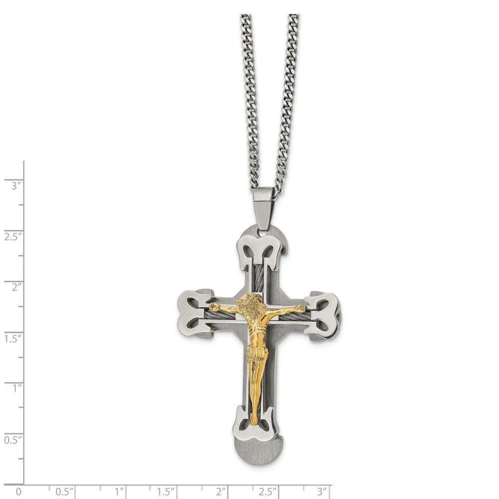 Stainless Steel Gold IP w/ Brushed & Polished Cable Cross Necklace
