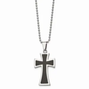 Stainless Steel Polished Carbon Fiber Inlay 22in Cross Necklace