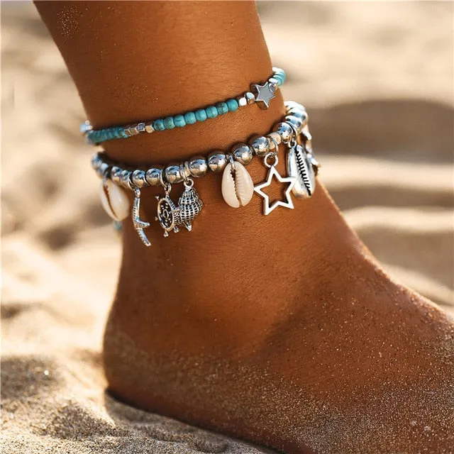Starfish Pendant Anklets 2019 For Women New Stone Beads Shell Anklet Bohemian Bracelets On Leg BOHO Ocean Jewelry Drop Shipping