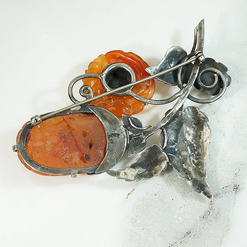 Sterling Nosegay Brooch with Carved Carnelian