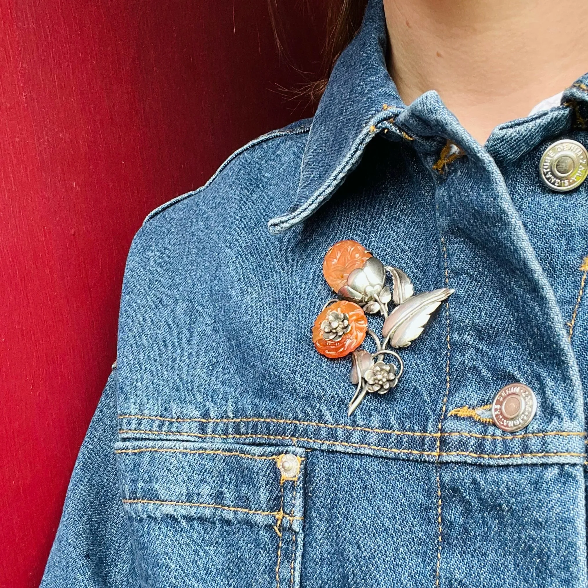 Sterling Nosegay Brooch with Carved Carnelian