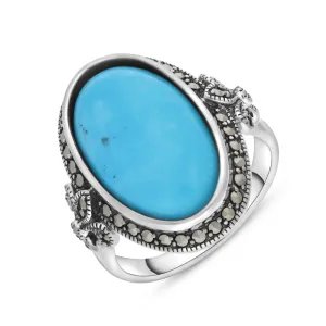 Sterling Silver Turquoise Marcasite Oval Fleur De Lis Ring