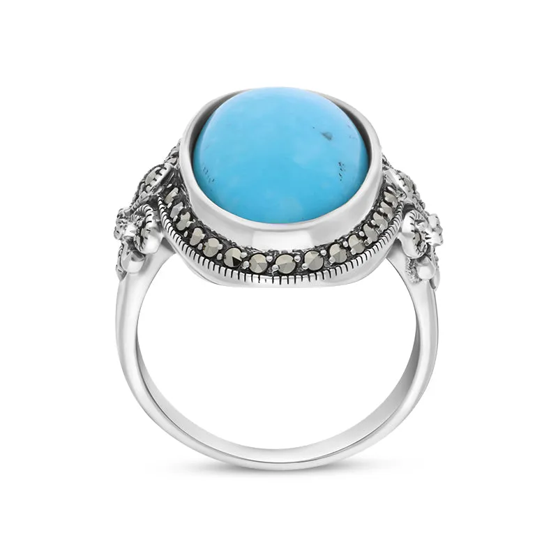Sterling Silver Turquoise Marcasite Oval Fleur De Lis Ring