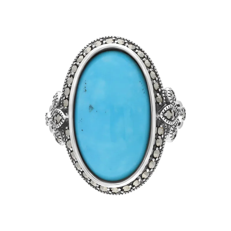Sterling Silver Turquoise Marcasite Oval Fleur De Lis Ring
