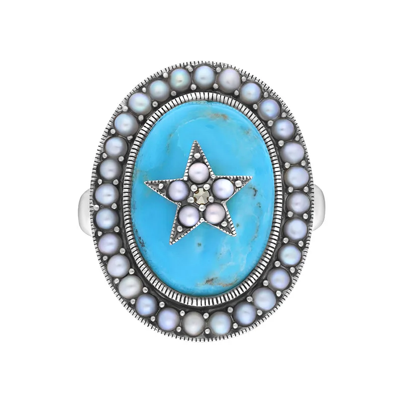 Sterling Silver Turquoise Pearl Framed Large Oval Ring