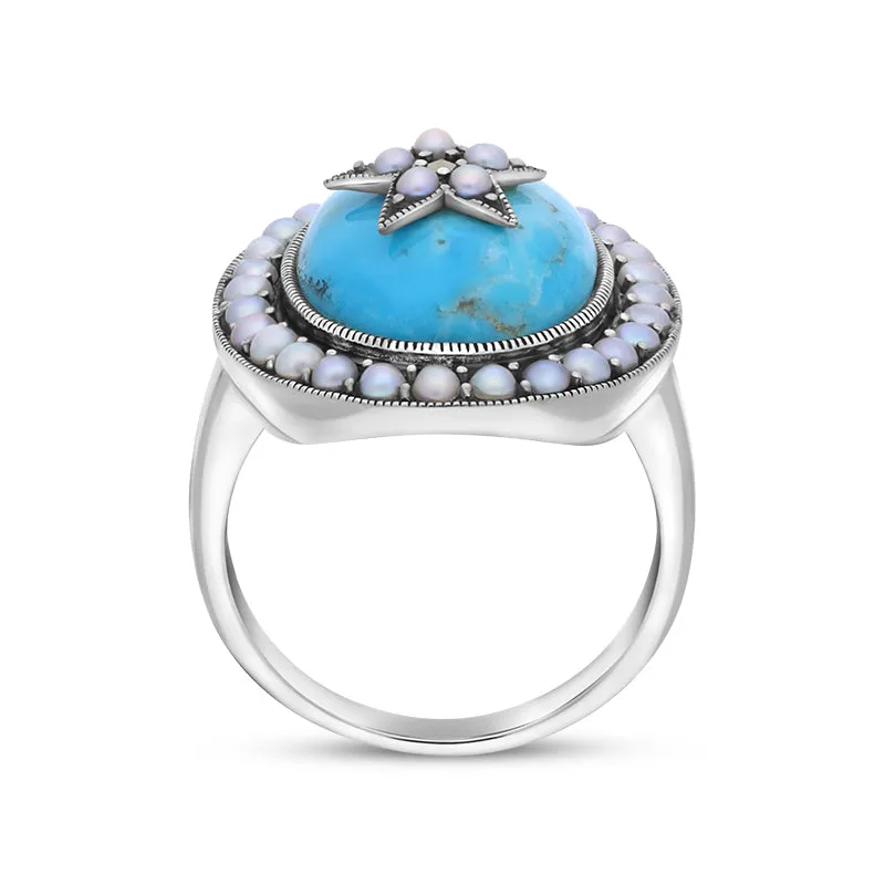 Sterling Silver Turquoise Pearl Framed Large Oval Ring