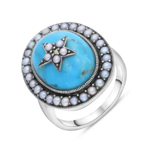 Sterling Silver Turquoise Pearl Framed Large Oval Ring
