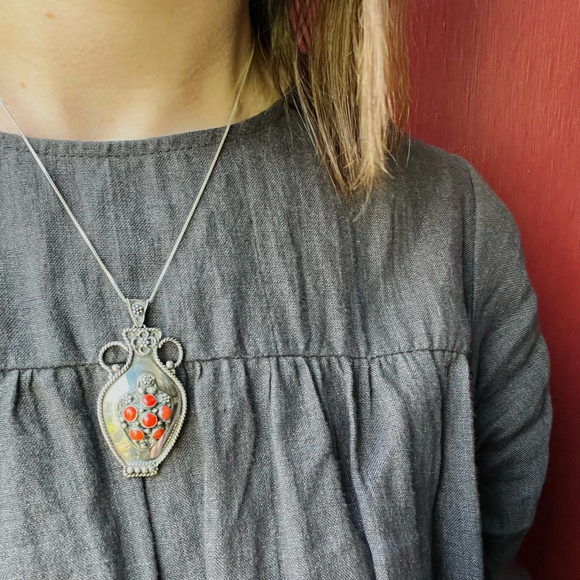Sterling Urn Pendant/Pin with Red Gems