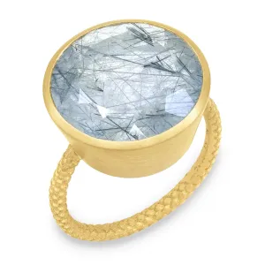 Talkative Indicolite Blue Tourmaline in Quartz Round Dome Ring