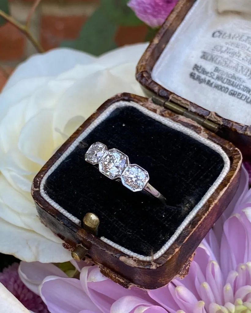 Three Stone Old Cut Diamond Platinum Ring 1.30ct