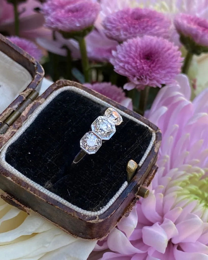 Three Stone Old Cut Diamond Platinum Ring 1.30ct