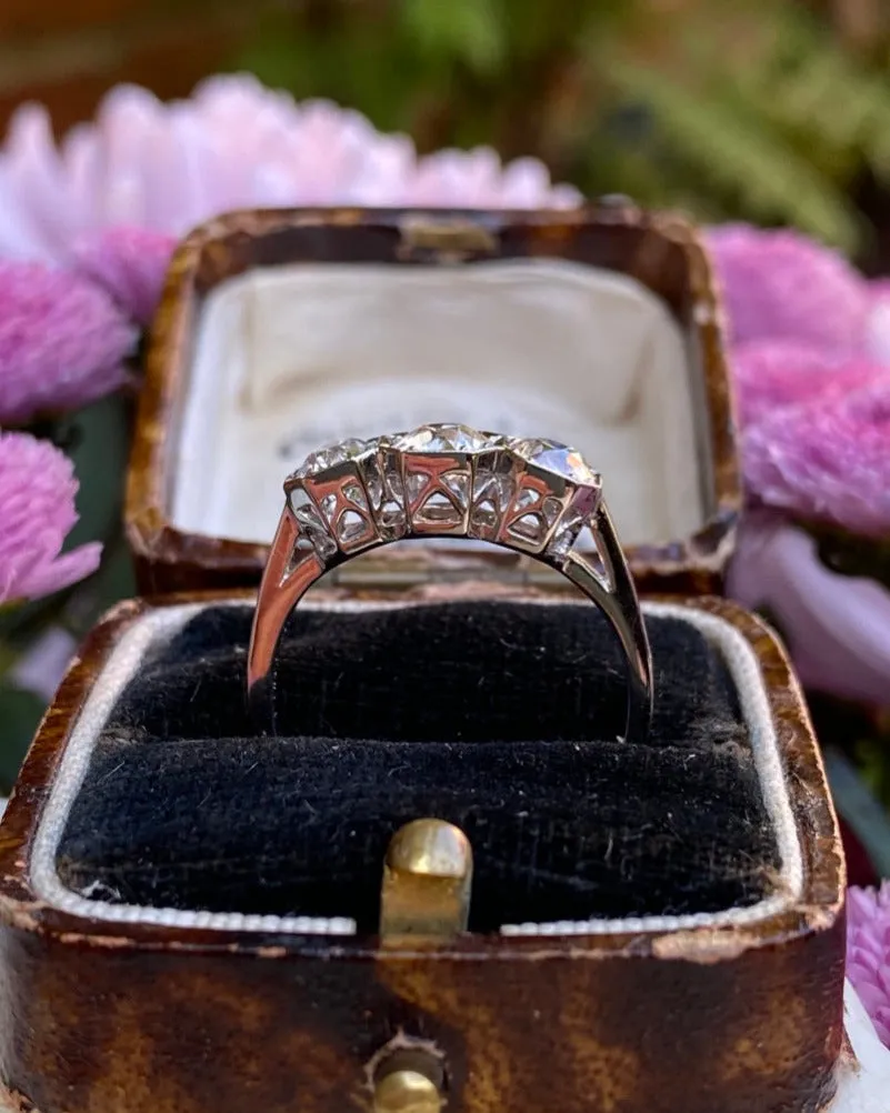 Three Stone Old Cut Diamond Platinum Ring 1.30ct