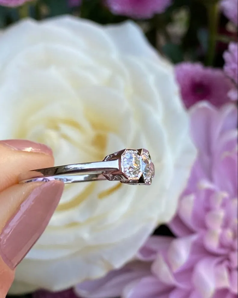 Three Stone Old Cut Diamond Platinum Ring 1.30ct