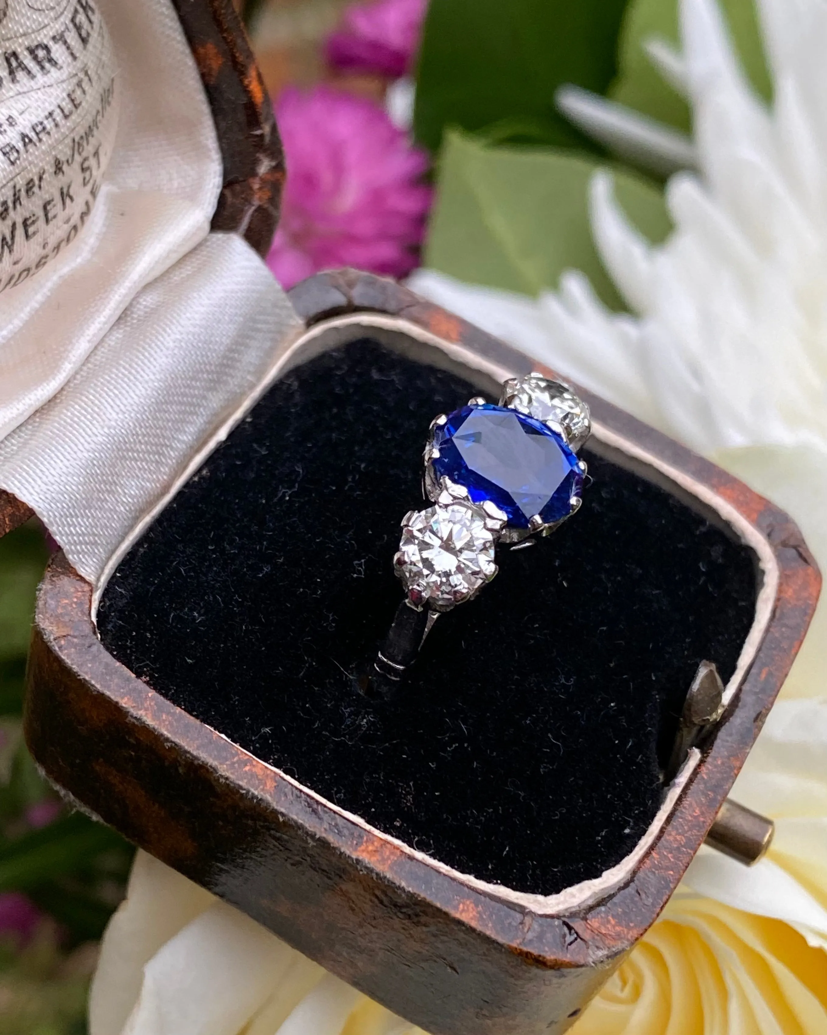 Three Stone Sapphire and Diamond Platinum Ring 1.01ct   2.36ct