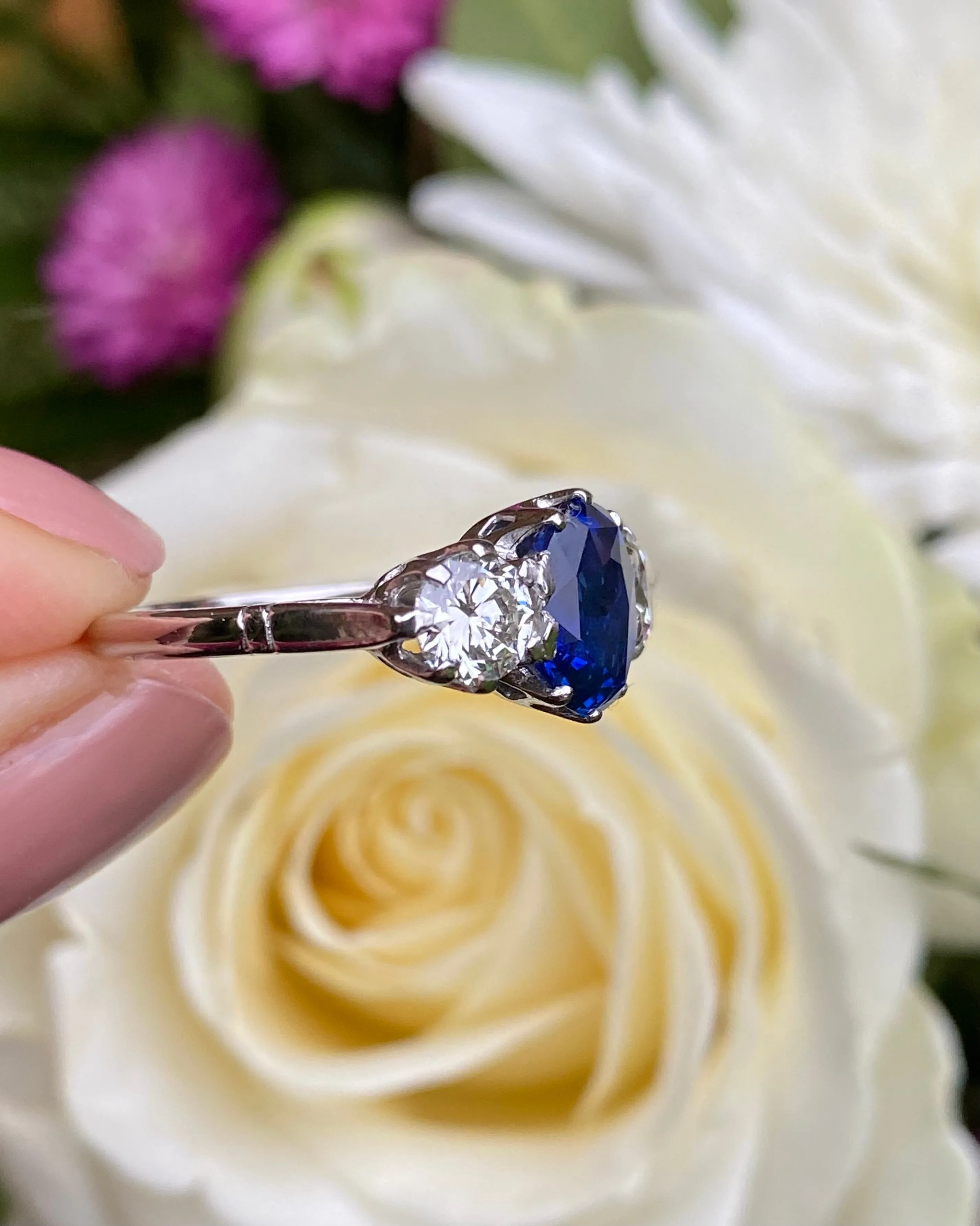 Three Stone Sapphire and Diamond Platinum Ring 1.01ct   2.36ct