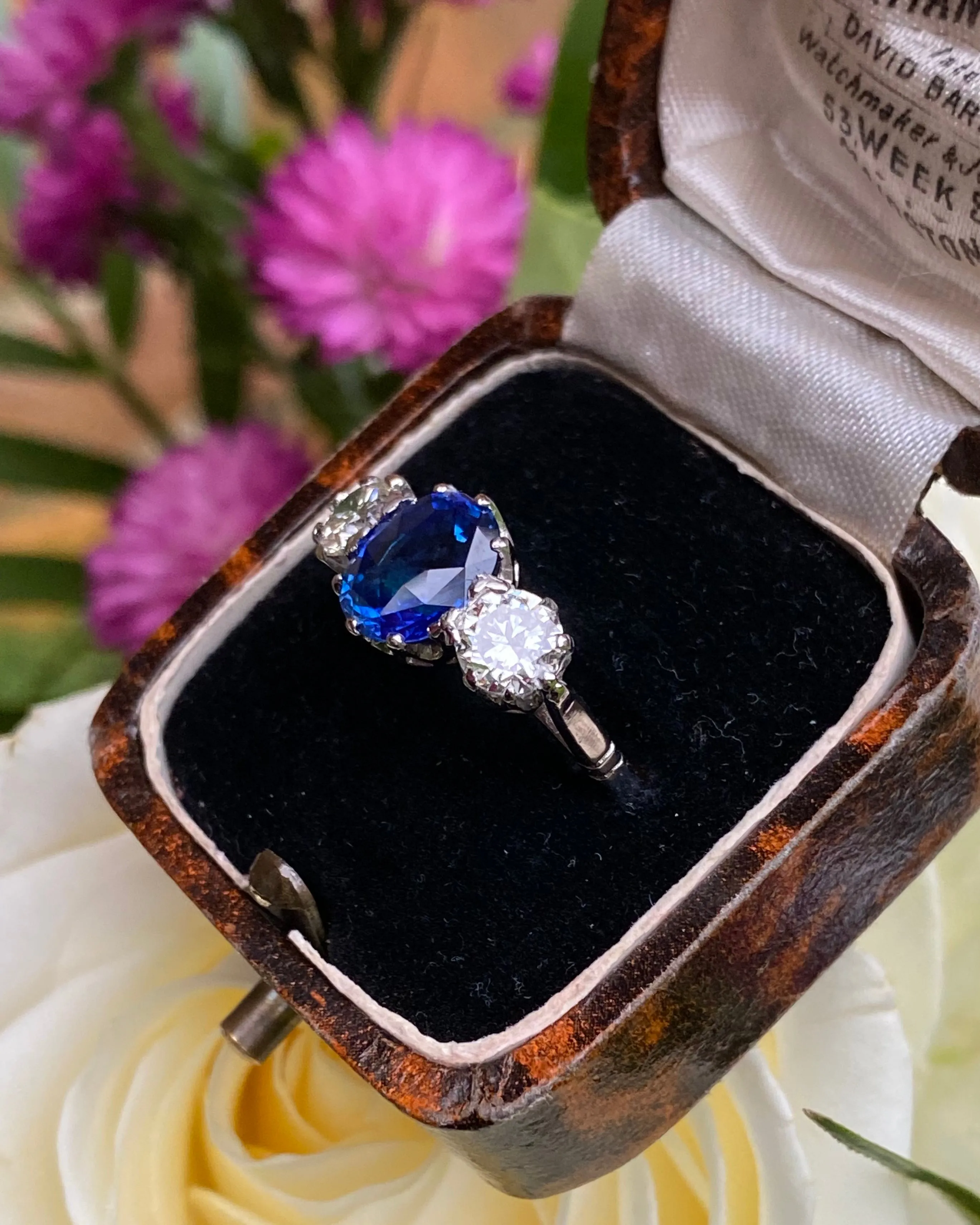 Three Stone Sapphire and Diamond Platinum Ring 1.01ct   2.36ct