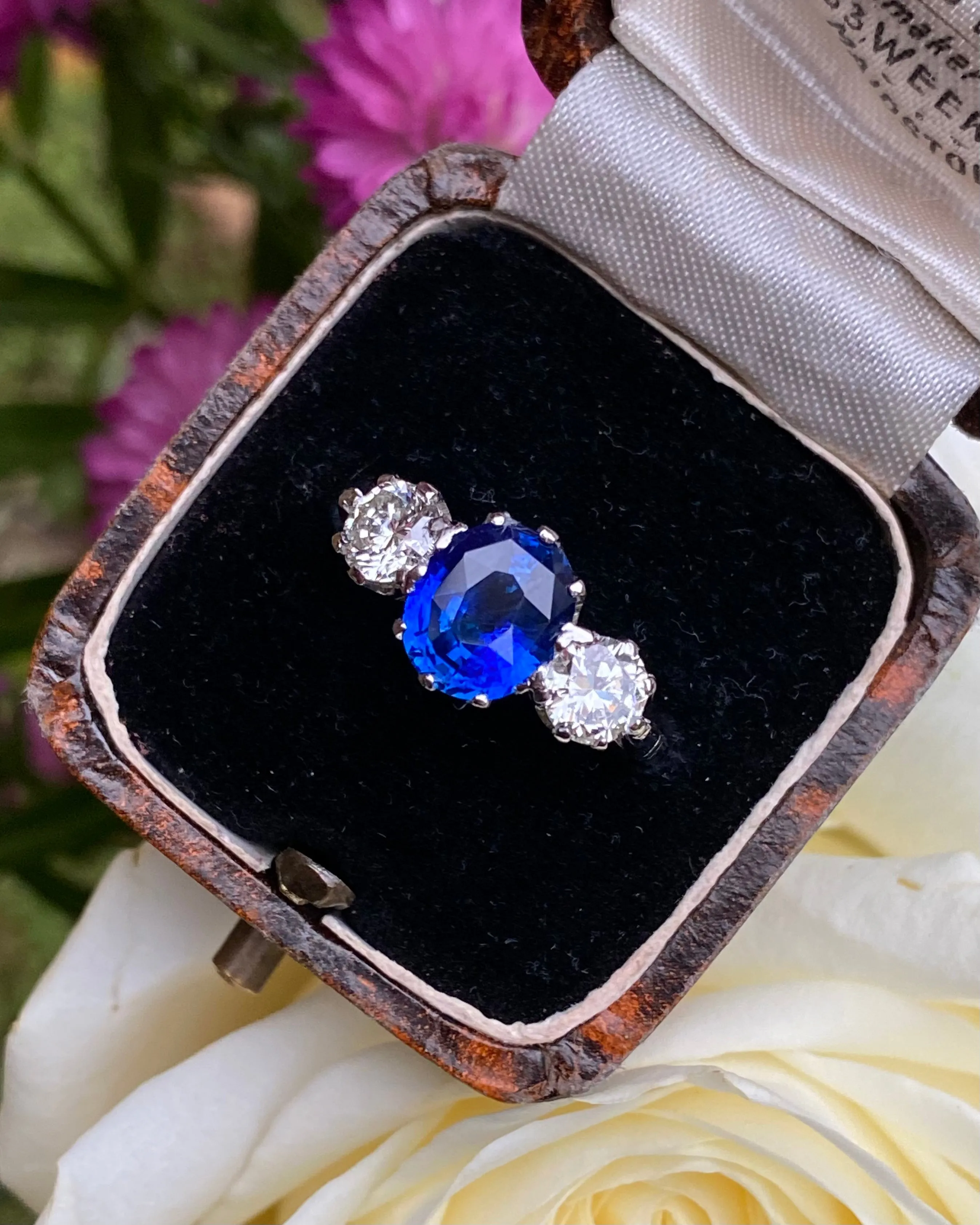 Three Stone Sapphire and Diamond Platinum Ring 1.01ct   2.36ct