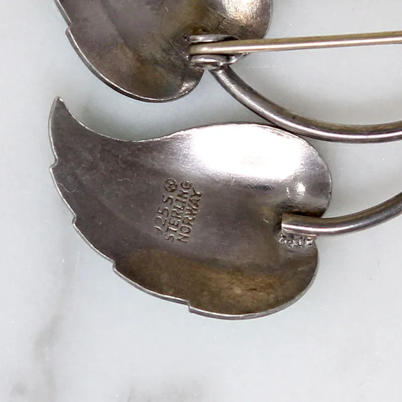 Two Perfect Leaves Sterling & Green Guilloch?? Enamel Brooch