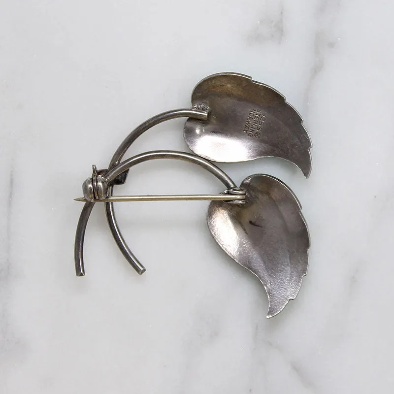 Two Perfect Leaves Sterling & Green Guilloch?? Enamel Brooch