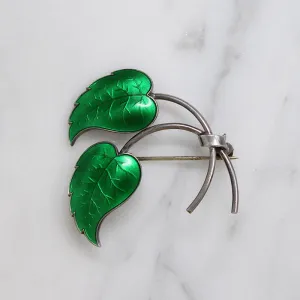 Two Perfect Leaves Sterling & Green Guilloch?? Enamel Brooch
