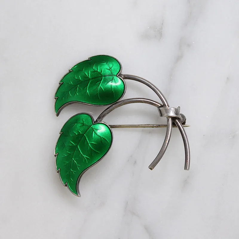 Two Perfect Leaves Sterling & Green Guilloch?? Enamel Brooch