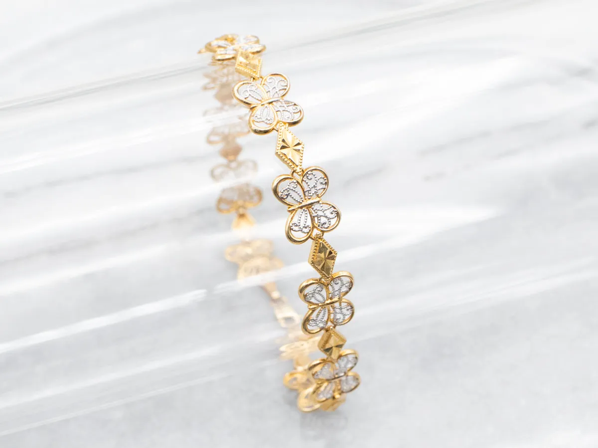 Two Tone Gold Filigree Butterfly Link Bracelet