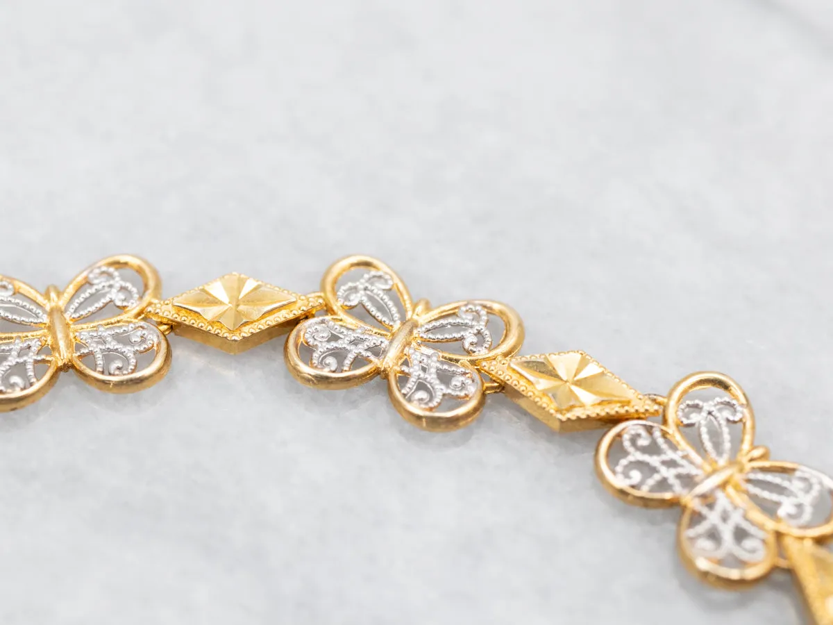 Two Tone Gold Filigree Butterfly Link Bracelet