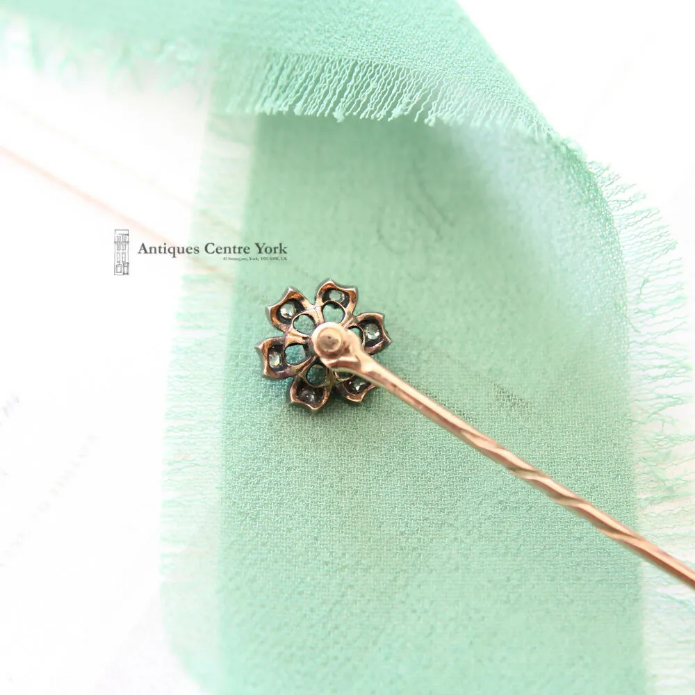 Victorian 9ct Natural Pearl & Diamond Stick Pin