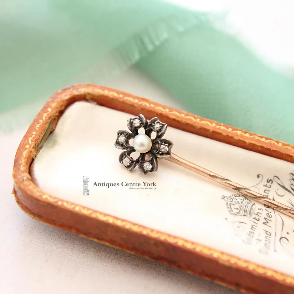 Victorian 9ct Natural Pearl & Diamond Stick Pin