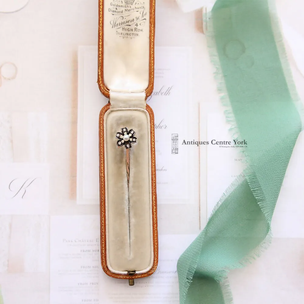 Victorian 9ct Natural Pearl & Diamond Stick Pin