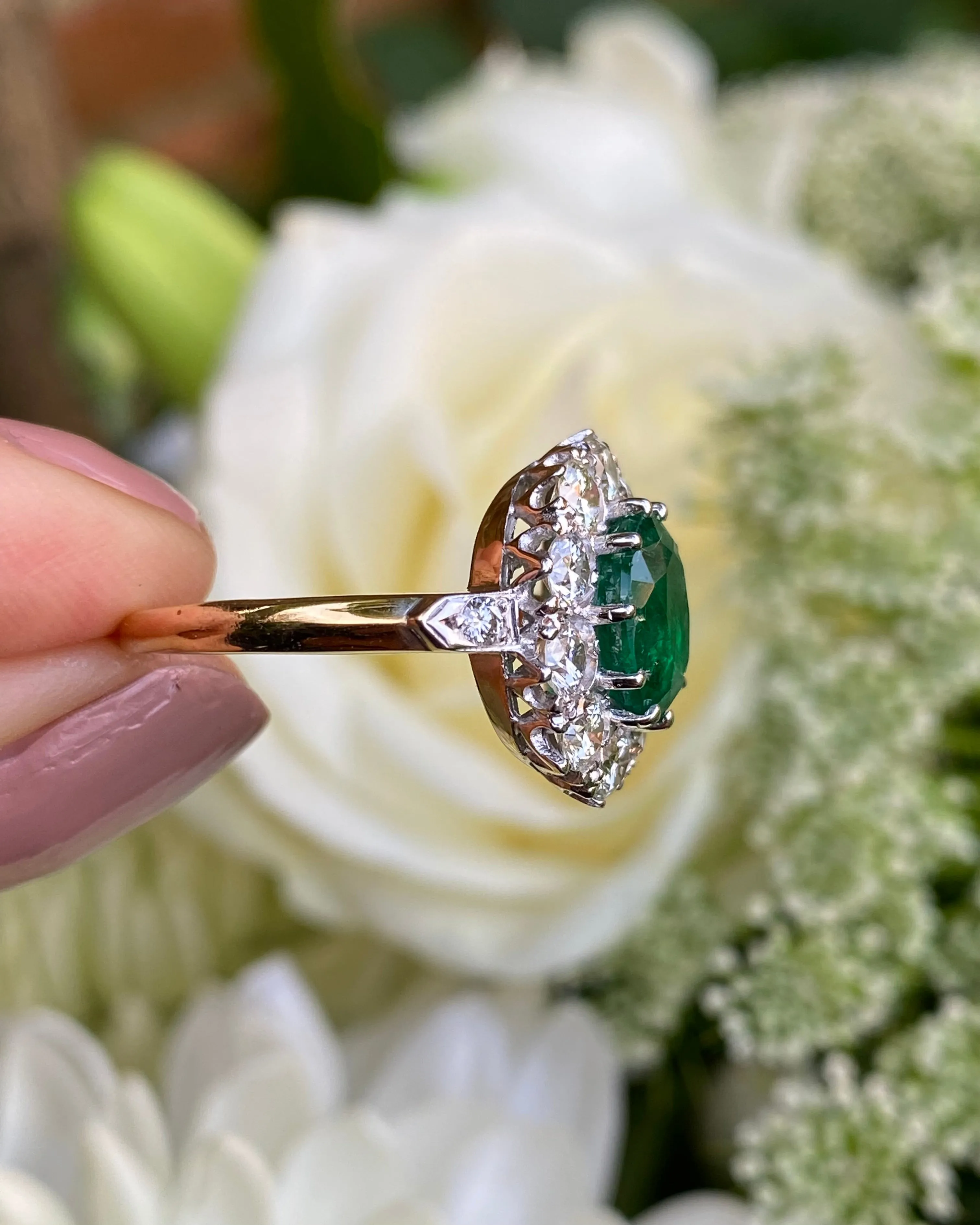 Victorian Emerald and Diamond Cluster Ring 18ct Yellow Gold 1.30ct   2.20ct