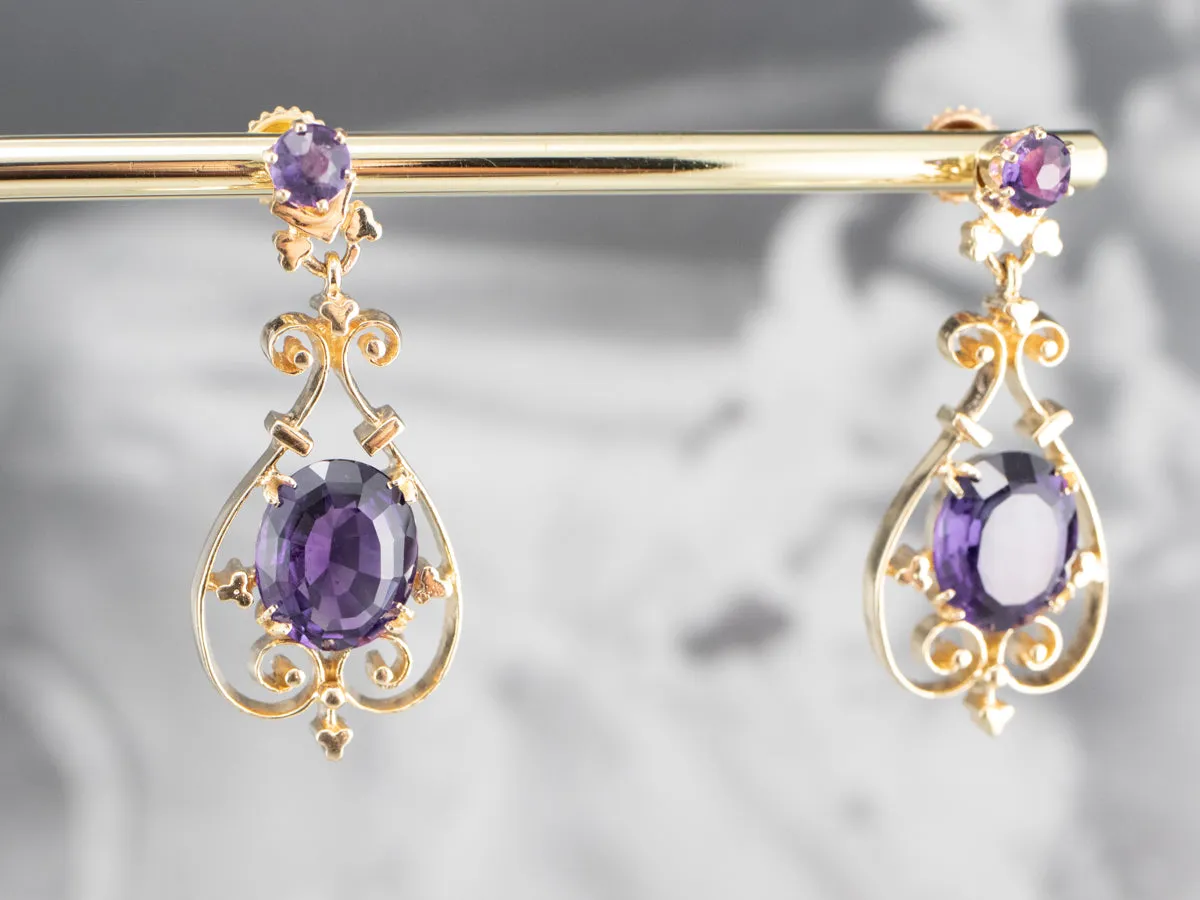 Victorian Revival Amethyst Gold Filigree Drop Earrings