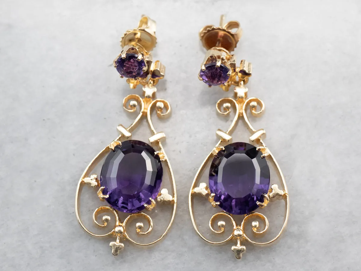 Victorian Revival Amethyst Gold Filigree Drop Earrings