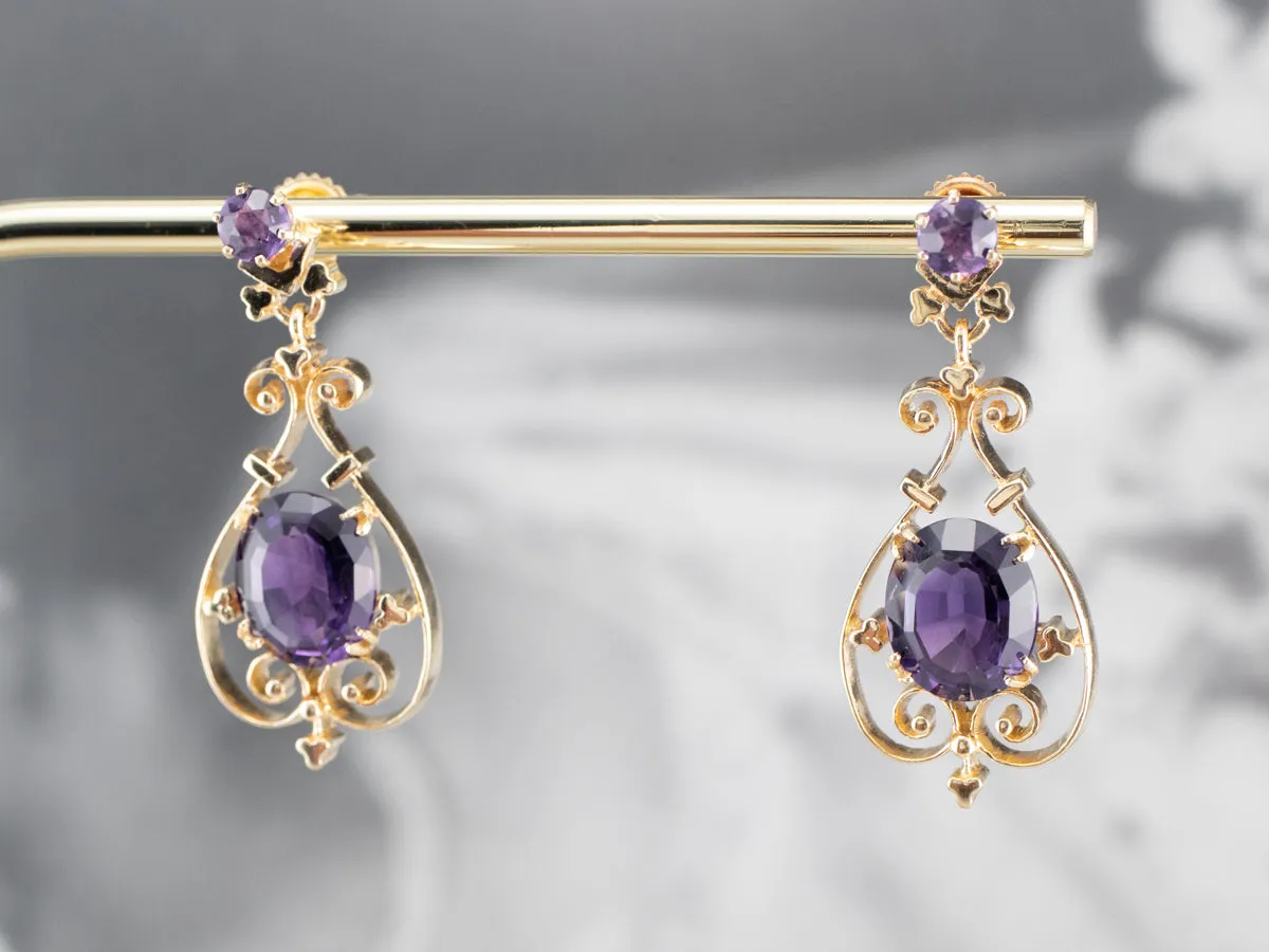 Victorian Revival Amethyst Gold Filigree Drop Earrings