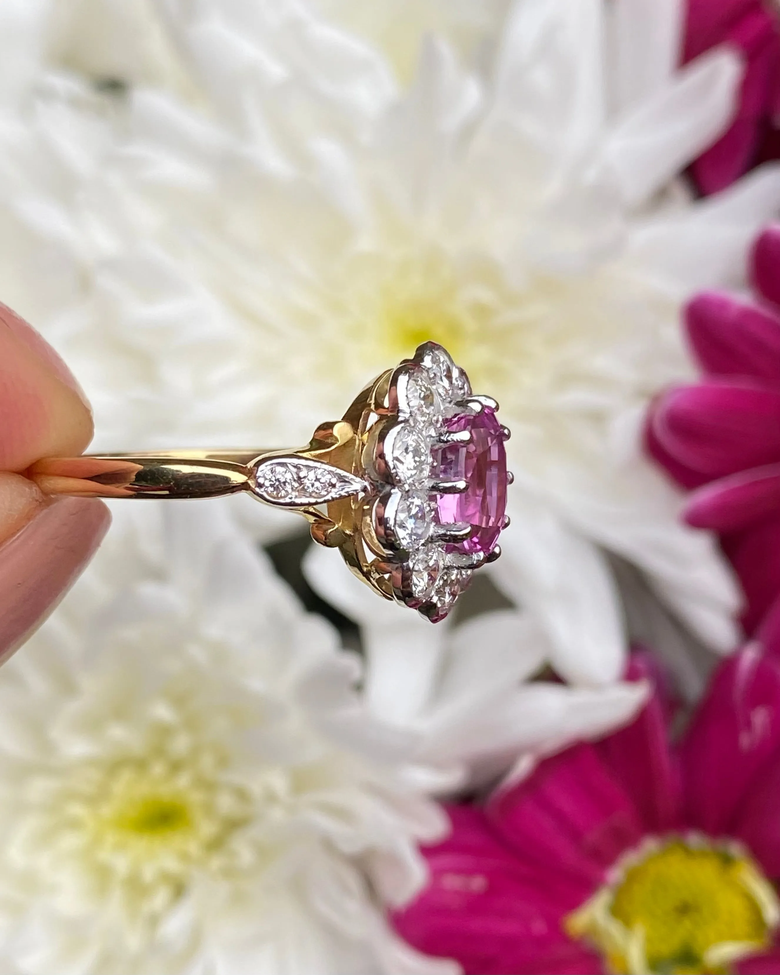 Victorian Style Pink Sapphire & Diamond Cluster 18ct Yellow Gold Ring 0.95ct   1.50ct