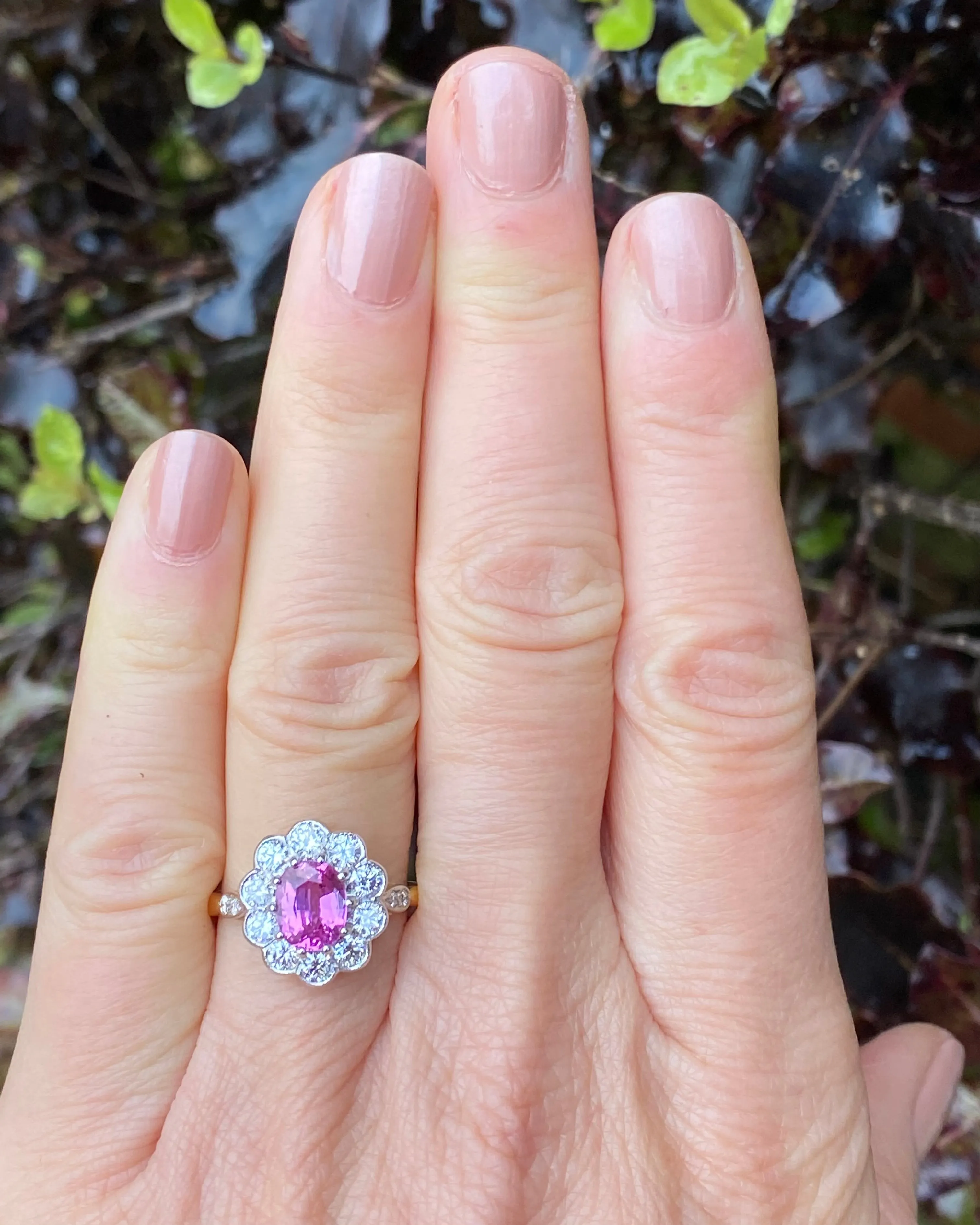 Victorian Style Pink Sapphire & Diamond Cluster 18ct Yellow Gold Ring 0.95ct   1.50ct