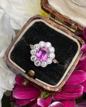 Victorian Style Pink Sapphire & Diamond Cluster 18ct Yellow Gold Ring 0.95ct   1.50ct