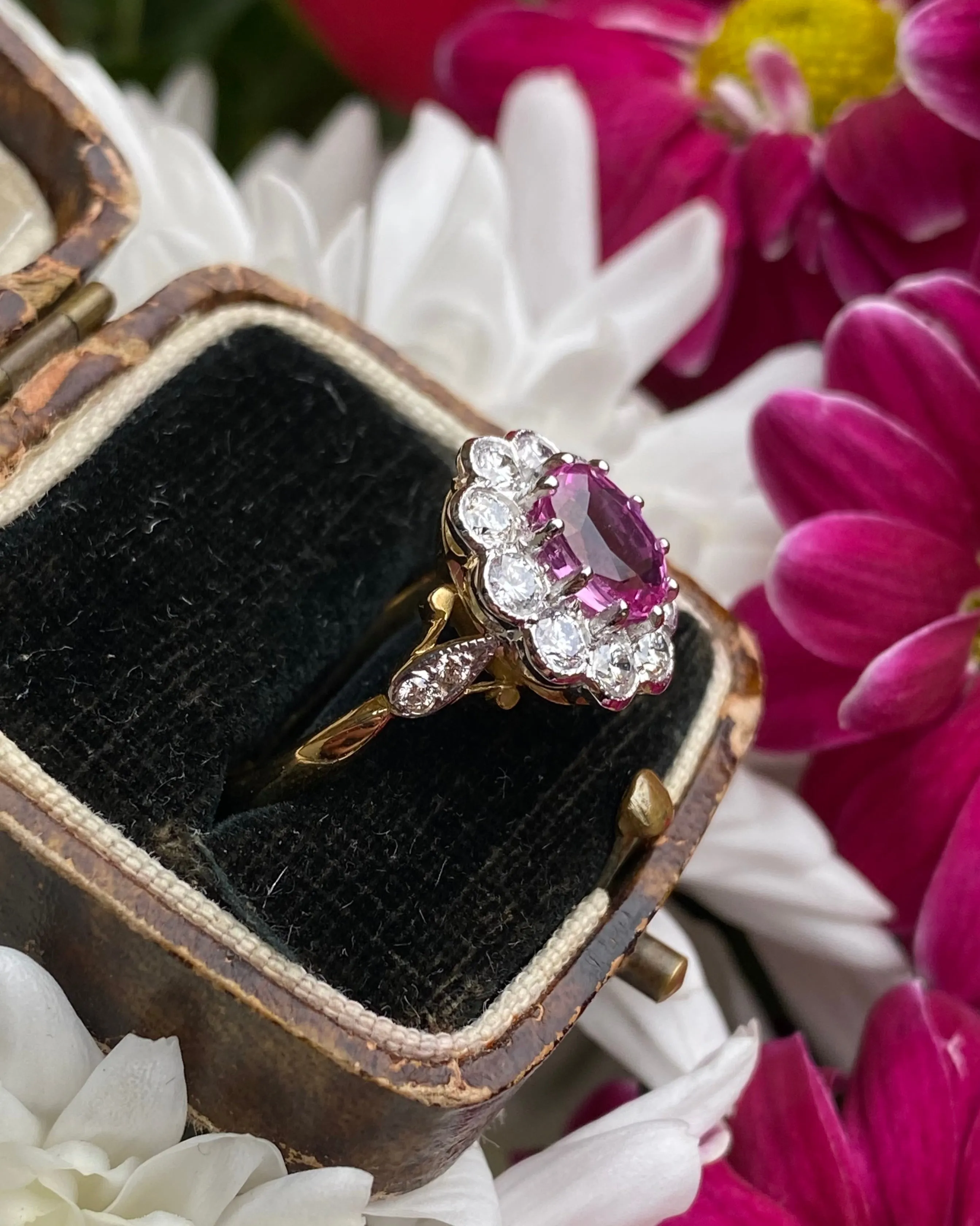 Victorian Style Pink Sapphire & Diamond Cluster 18ct Yellow Gold Ring 0.95ct   1.50ct