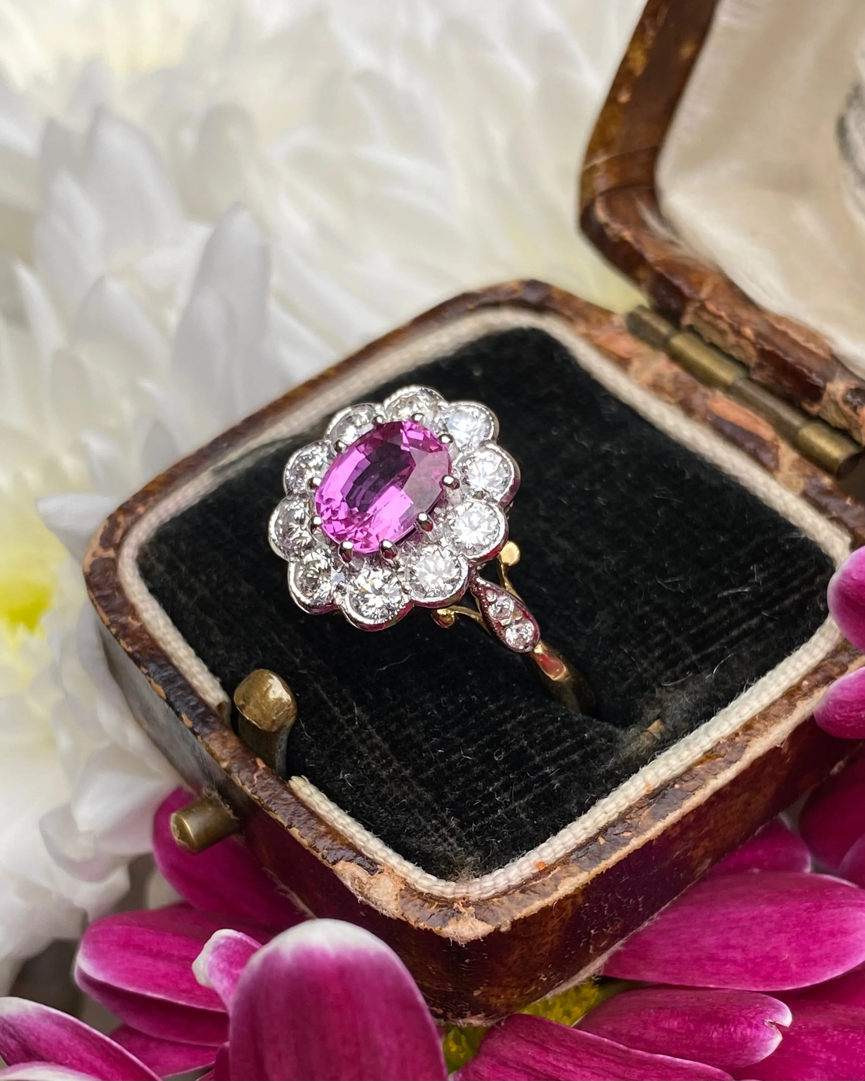 Victorian Style Pink Sapphire & Diamond Cluster 18ct Yellow Gold Ring 0.95ct   1.50ct
